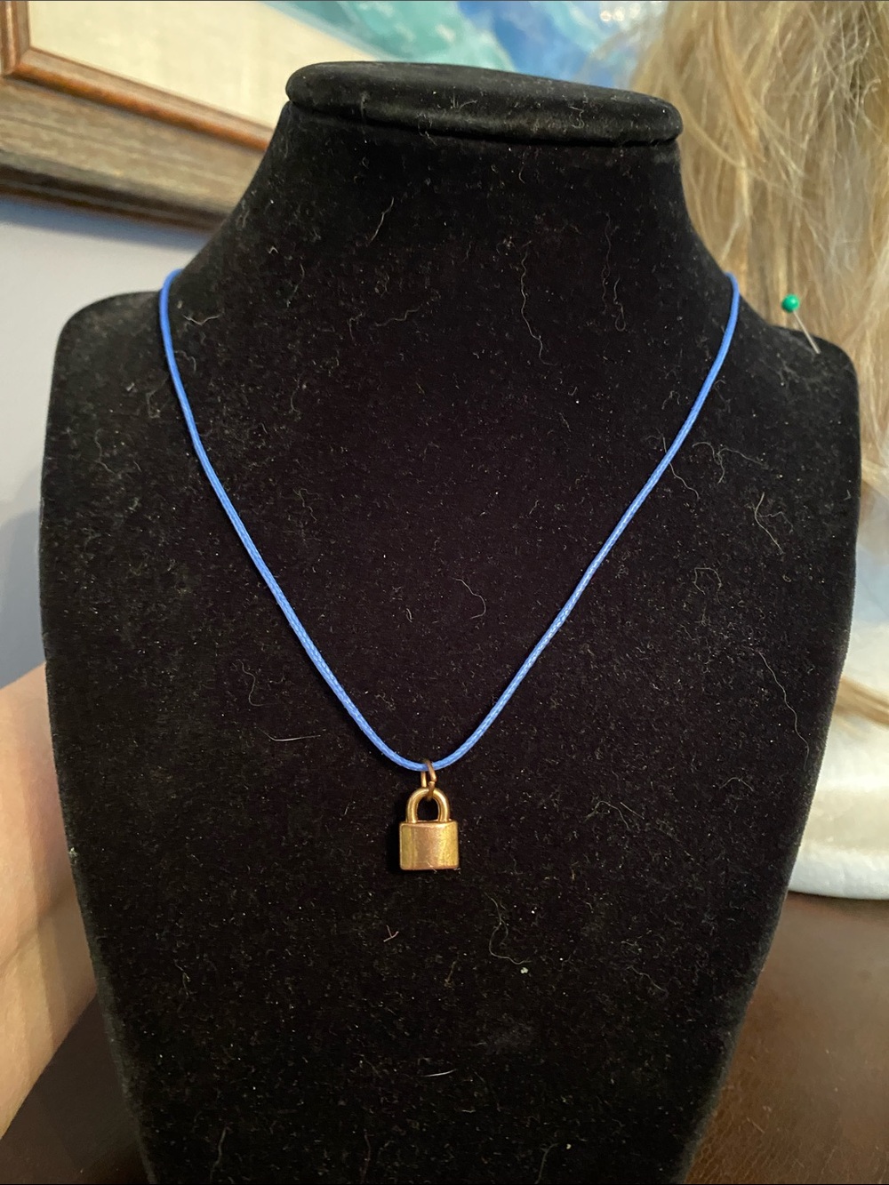 V’ Necklace Gold Tone Lock with blue cord